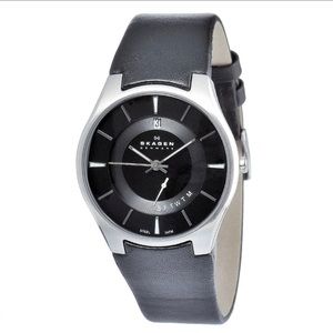 Skagan Mens Dress Watch Black Leather Stainless Steel Quartz Thin Minimalist